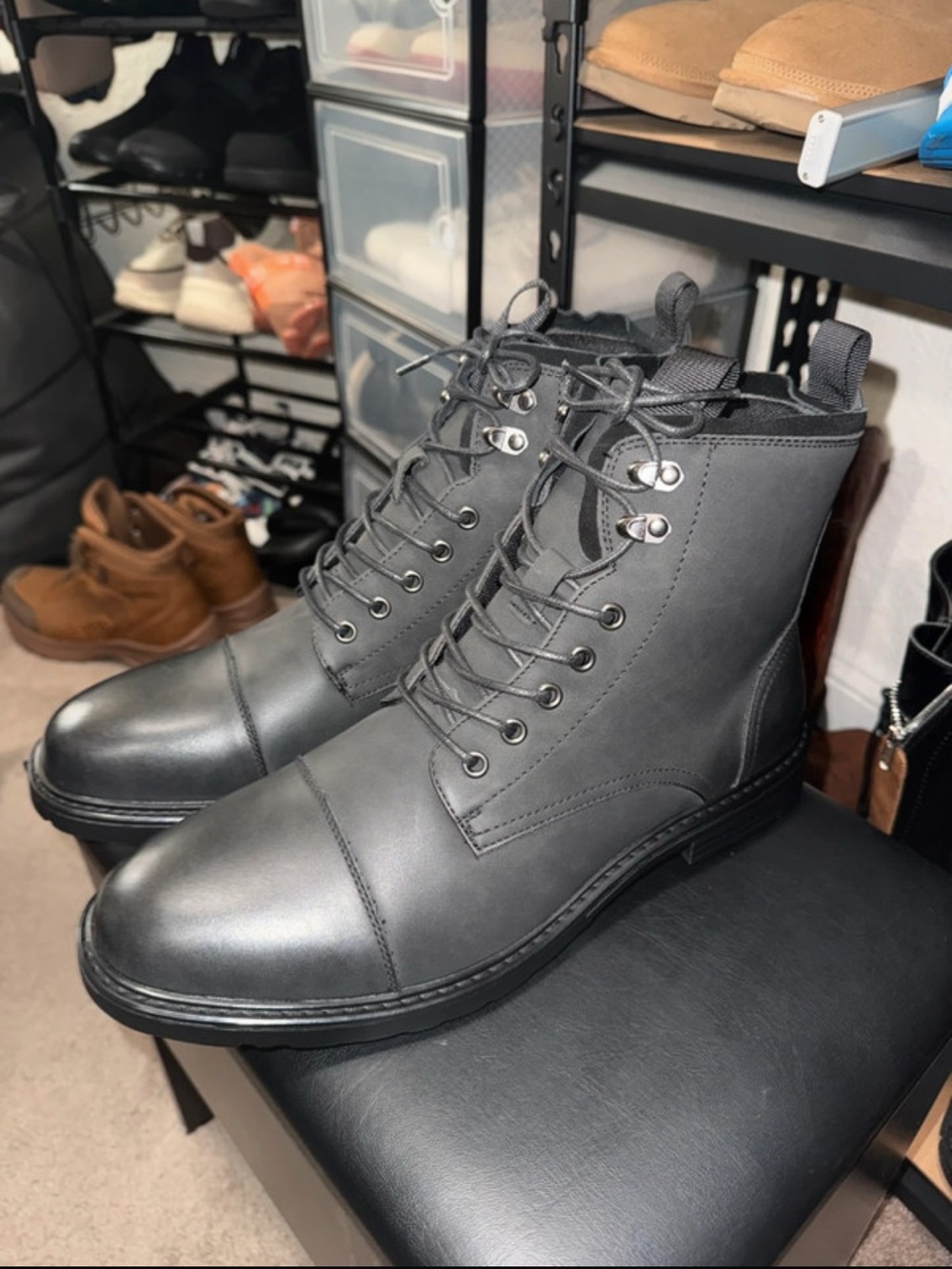 Men's Lace-Up Cap-Toe Combat Boots - Charcoal Gray